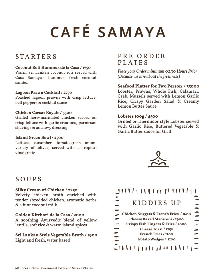 Café Samaya Menu - Starters, Soups, Pre Order Plates & Kids Menu