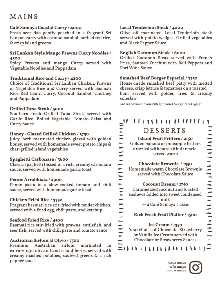 Café Samaya Menu - Mains, Desserts & Signature Dishes